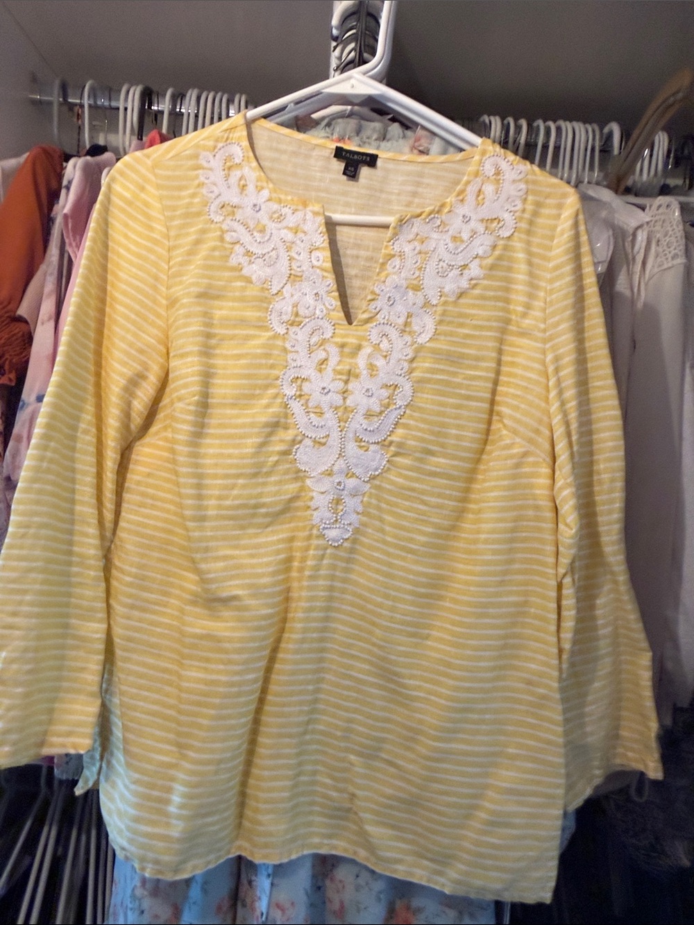 Talbots Yellow Striped Tunic with White Lace V-Neck